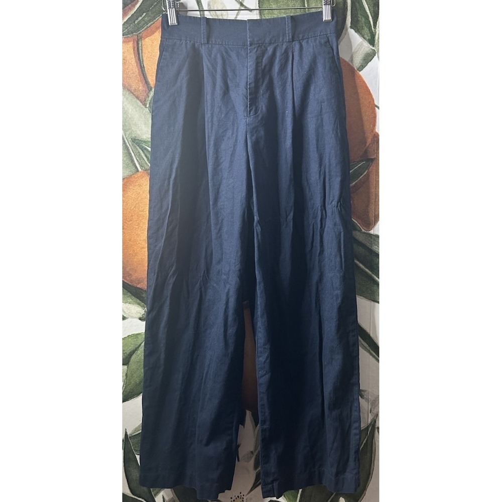 Uniqlo Womens Small Navy Blue Wide Leg Linen Blend Cropped Pants Elastic Back
